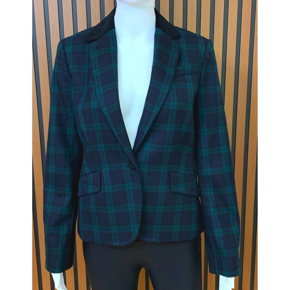 Talbots Women's Watch Plaid Blazer Green Navy Tartan Velvet Collar Jacket 4